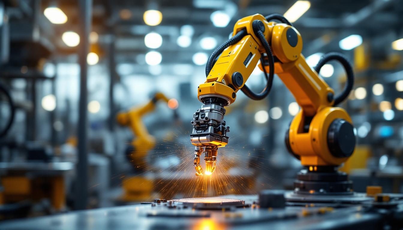 A photograph of a sleek industrial robotic arm in action