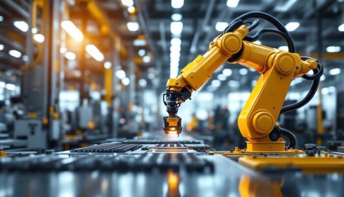 A photograph of a sleek industrial robotic arm in action within a modern manufacturing environment