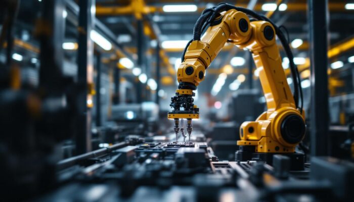 A photograph of a dynamic industrial setting featuring a dyna grid robotic arm in action