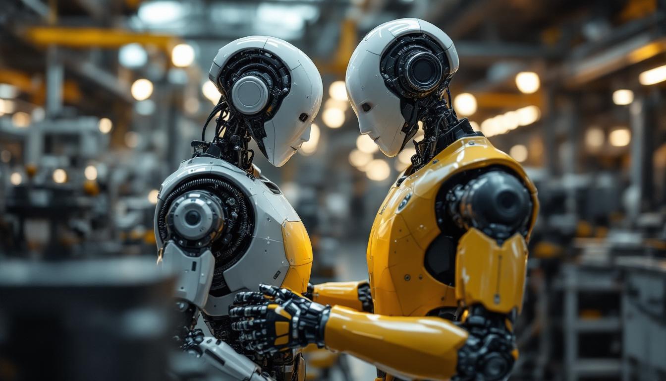 A photograph of a humanoid robot in an industrial setting