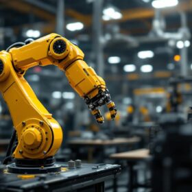 A photograph of a yellow robotic arm in action within an industrial setting