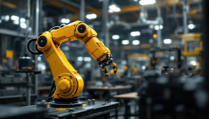 A photograph of a yellow robotic arm in action within an industrial setting