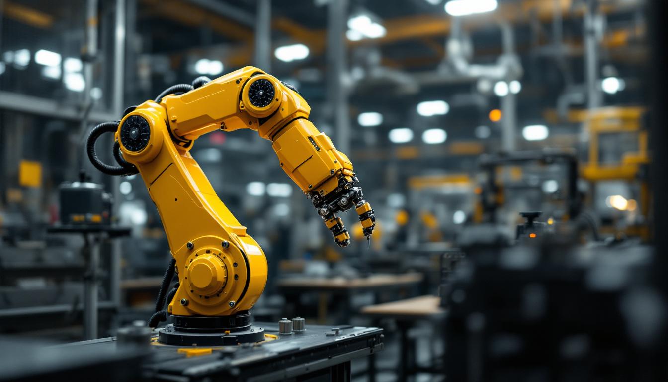 A photograph of a yellow robotic arm in action within an industrial setting