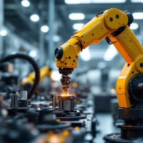 A photograph of capture a photograph of a sleek industrial robotic arm in action