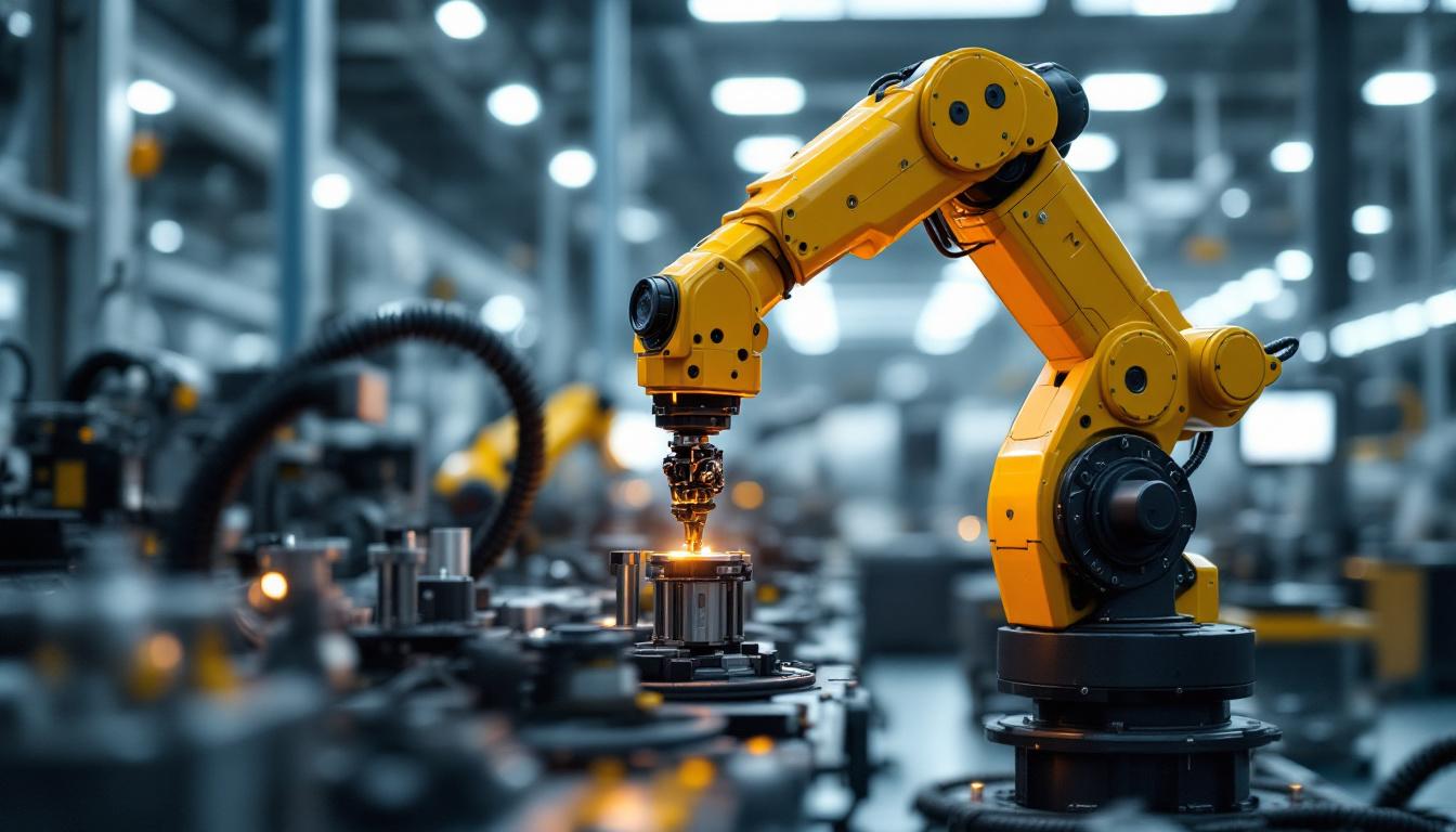 A photograph of capture a photograph of a sleek industrial robotic arm in action