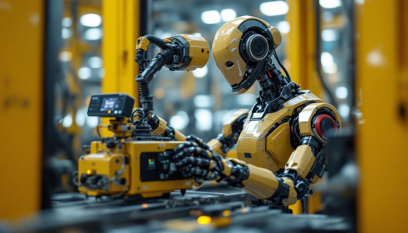 A photograph of capture a photograph of an industrial robot in action within a manufacturing environment