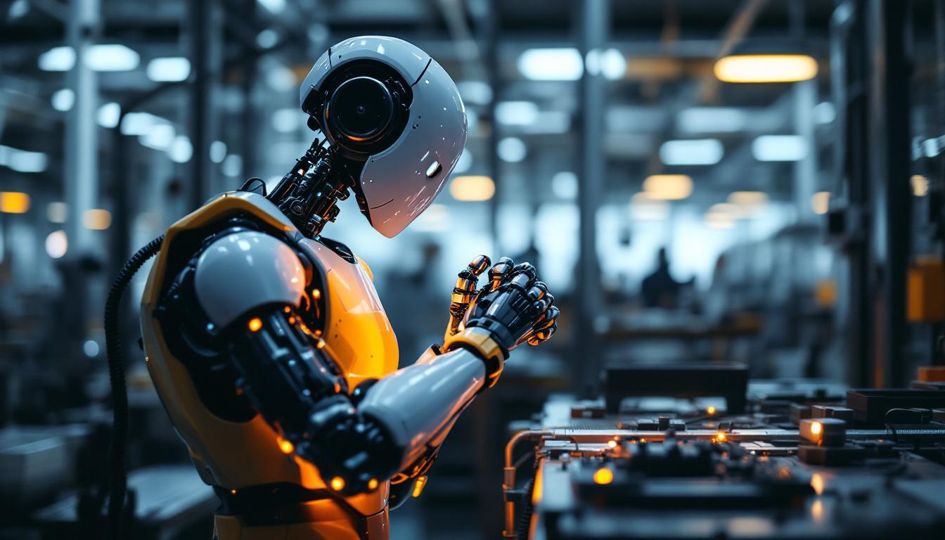 A photograph of a sleek industrial robot in action within a boston manufacturing facility