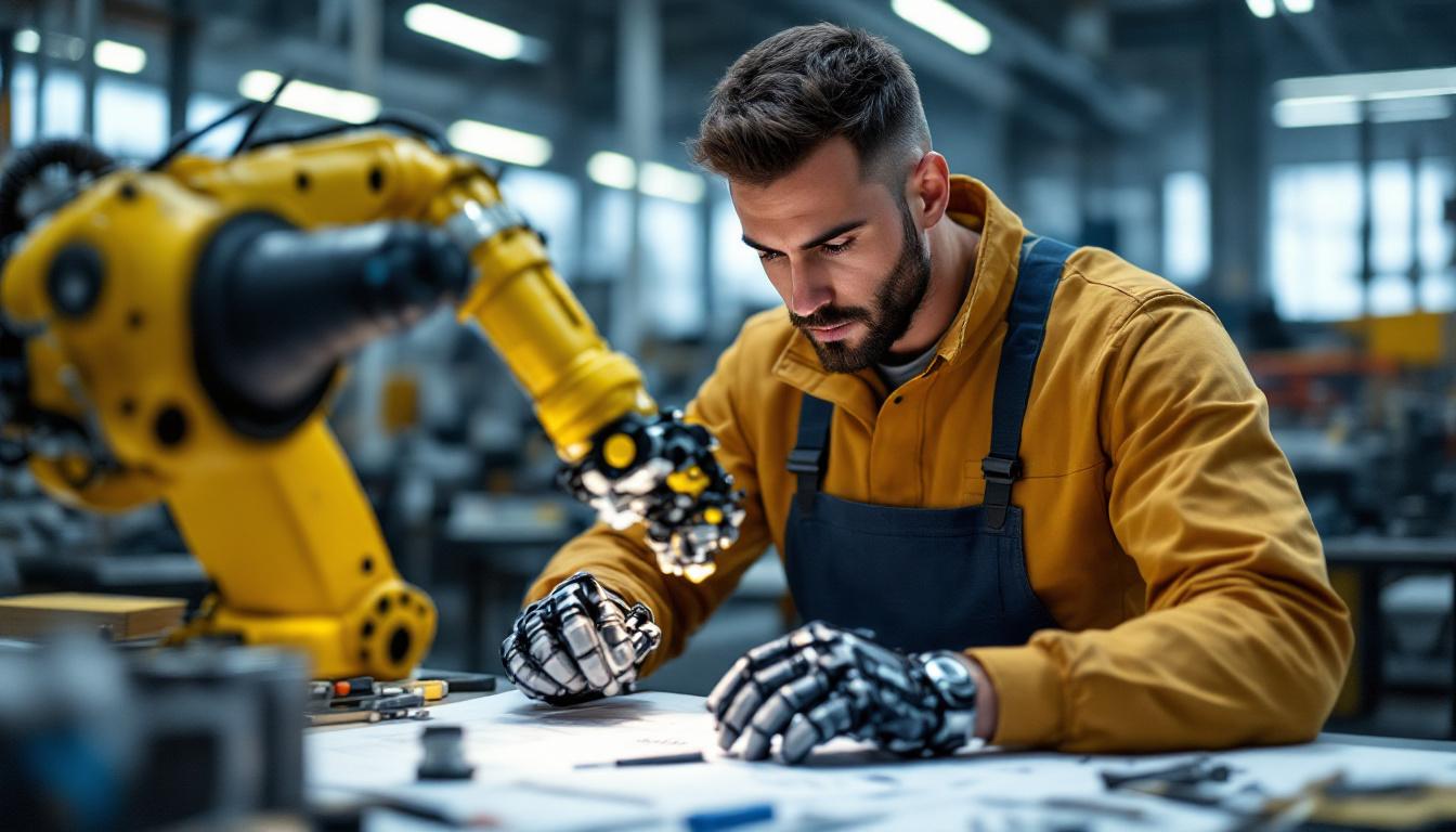 A photograph of a skilled mechanical engineer working intently on an industrial robotic arm