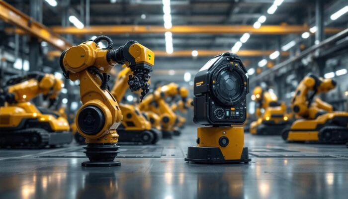A photograph of a diverse range of industrial robotic vehicles in action within a manufacturing environment