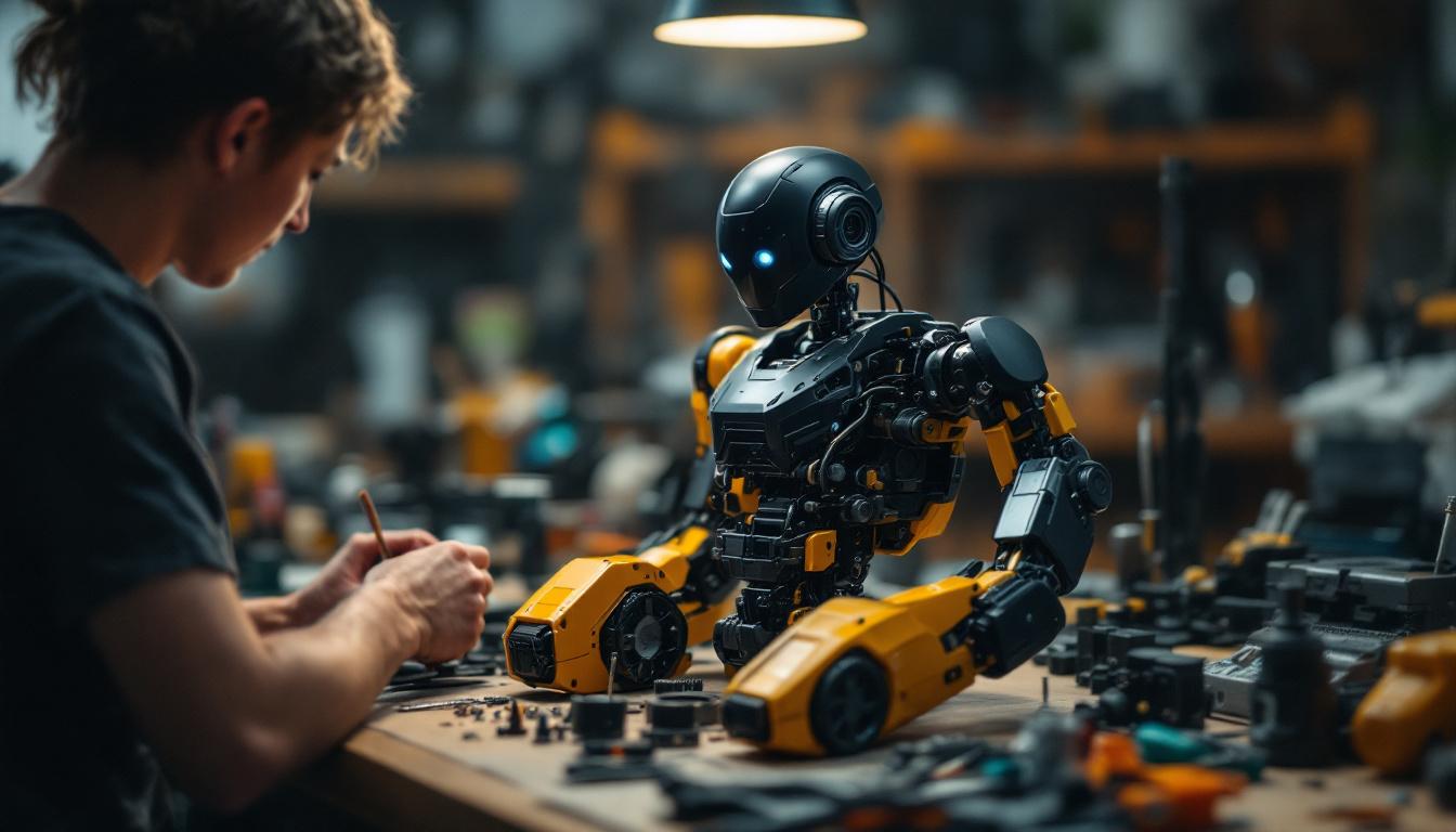 A photograph of a diy workspace featuring a partially assembled robot