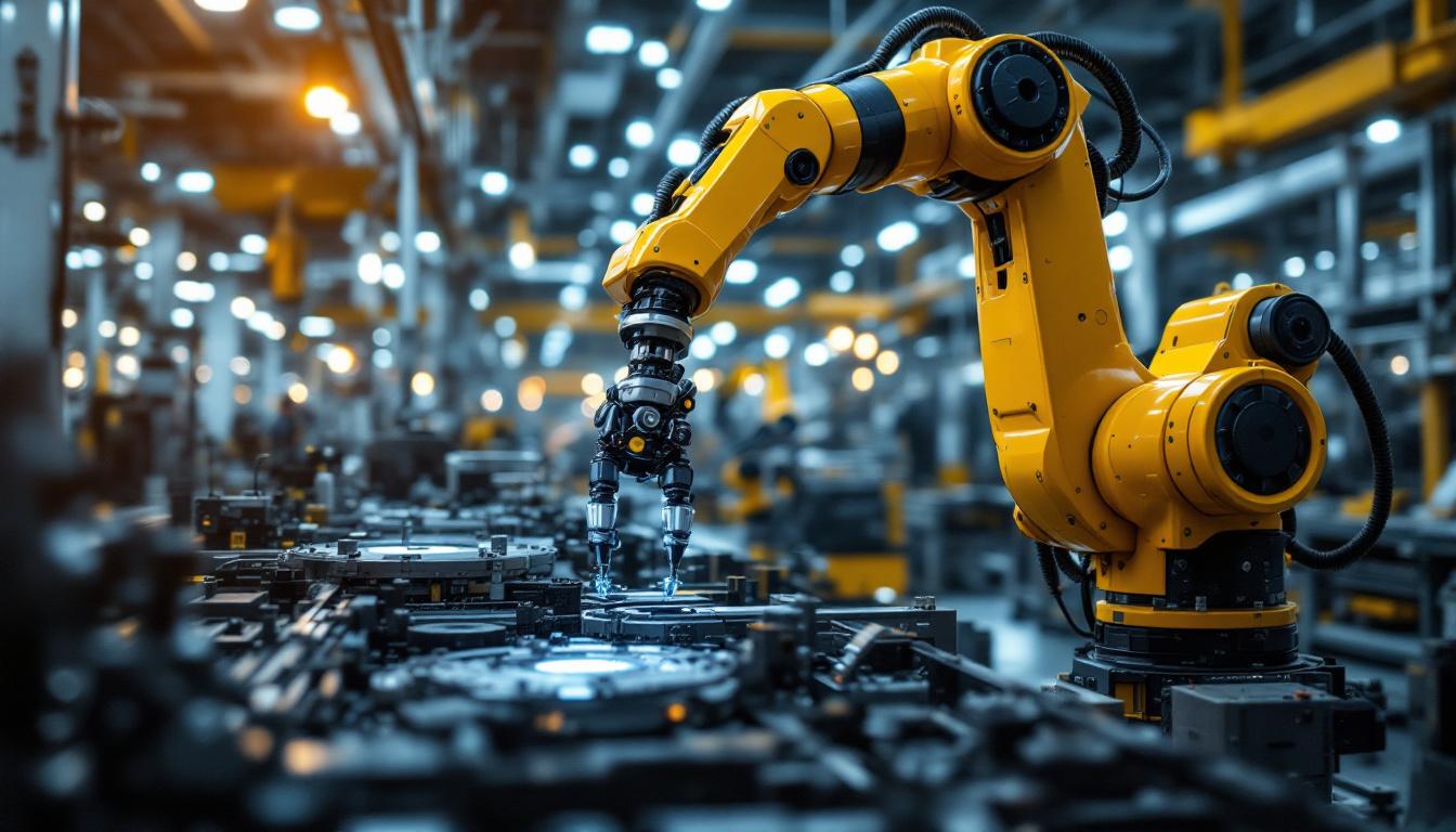 A photograph of a dynamic industrial setting showcasing a robotic arm in action