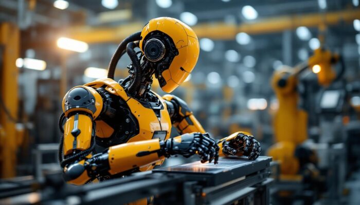 A photograph of a modern industrial robot in action on a factory floor