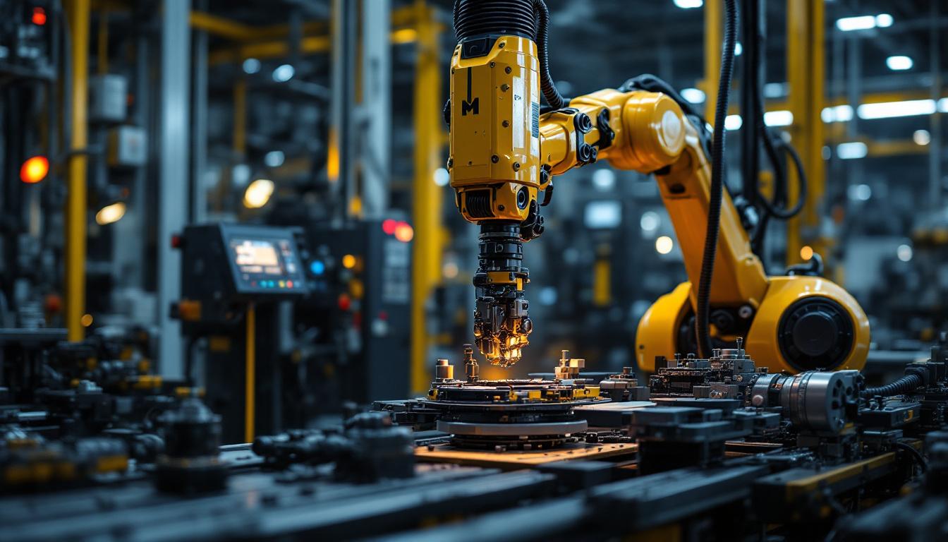 A photograph of a state-of-the-art industrial robotic arm in action within a dynamic manufacturing environment