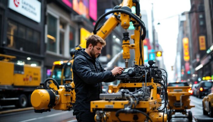 A photograph of a skilled mobile mechanic working on an industrial robotic system in a bustling nyc environment