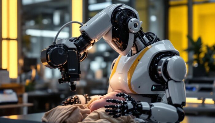 A photograph of a sleek industrial robotic machine in action