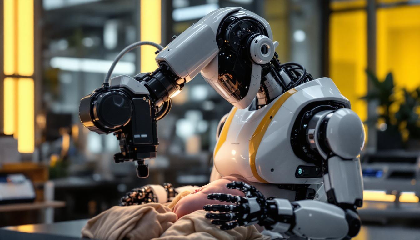 A photograph of a sleek industrial robotic machine in action