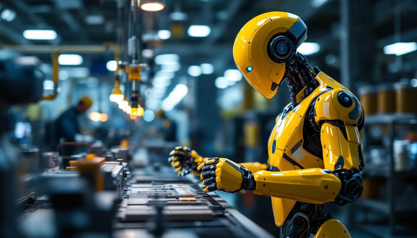 A photograph of a sleek industrial robot in action within a modern manufacturing environment