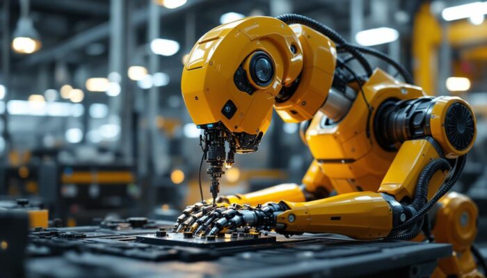 A photograph of a sleek industrial robot in action