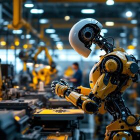 A photograph of a sleek industrial robot in action on a factory floor