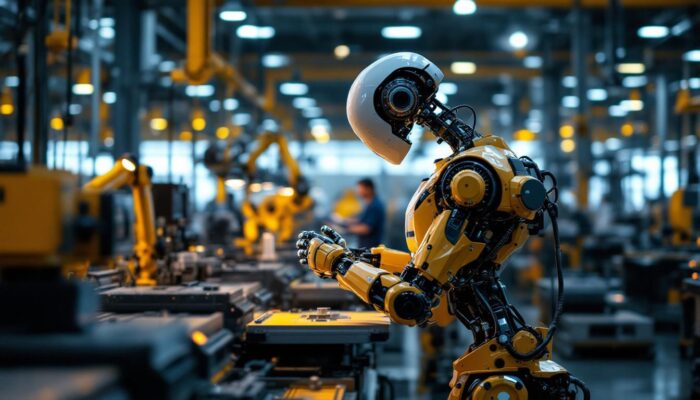 A photograph of a sleek industrial robot in action on a factory floor