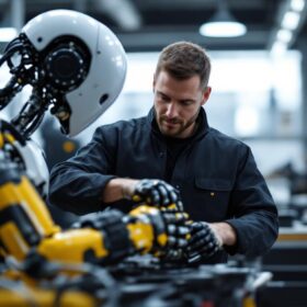 A photograph of a skilled technician interacting with an industrial robot in a modern workshop setting