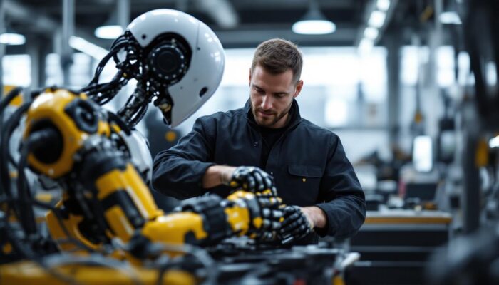 A photograph of a skilled technician interacting with an industrial robot in a modern workshop setting