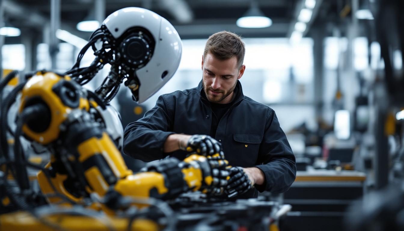 A photograph of a skilled technician interacting with an industrial robot in a modern workshop setting
