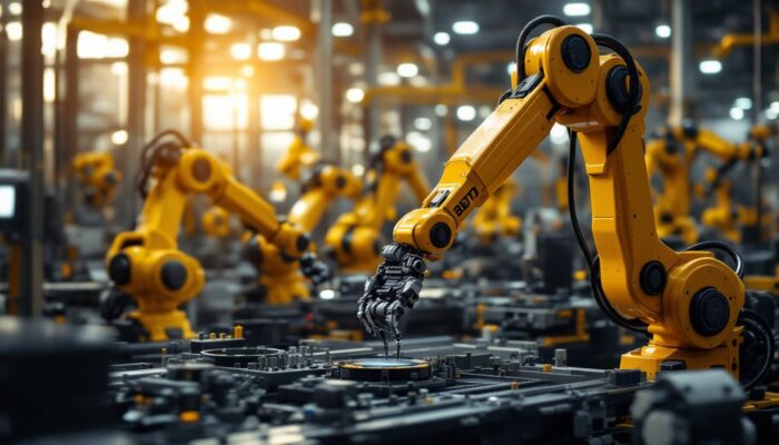 A photograph of a dynamic industrial robotics scene in a manufacturing environment