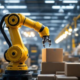 A photograph of a sleek industrial robotic arm in action within a modern warehouse environment