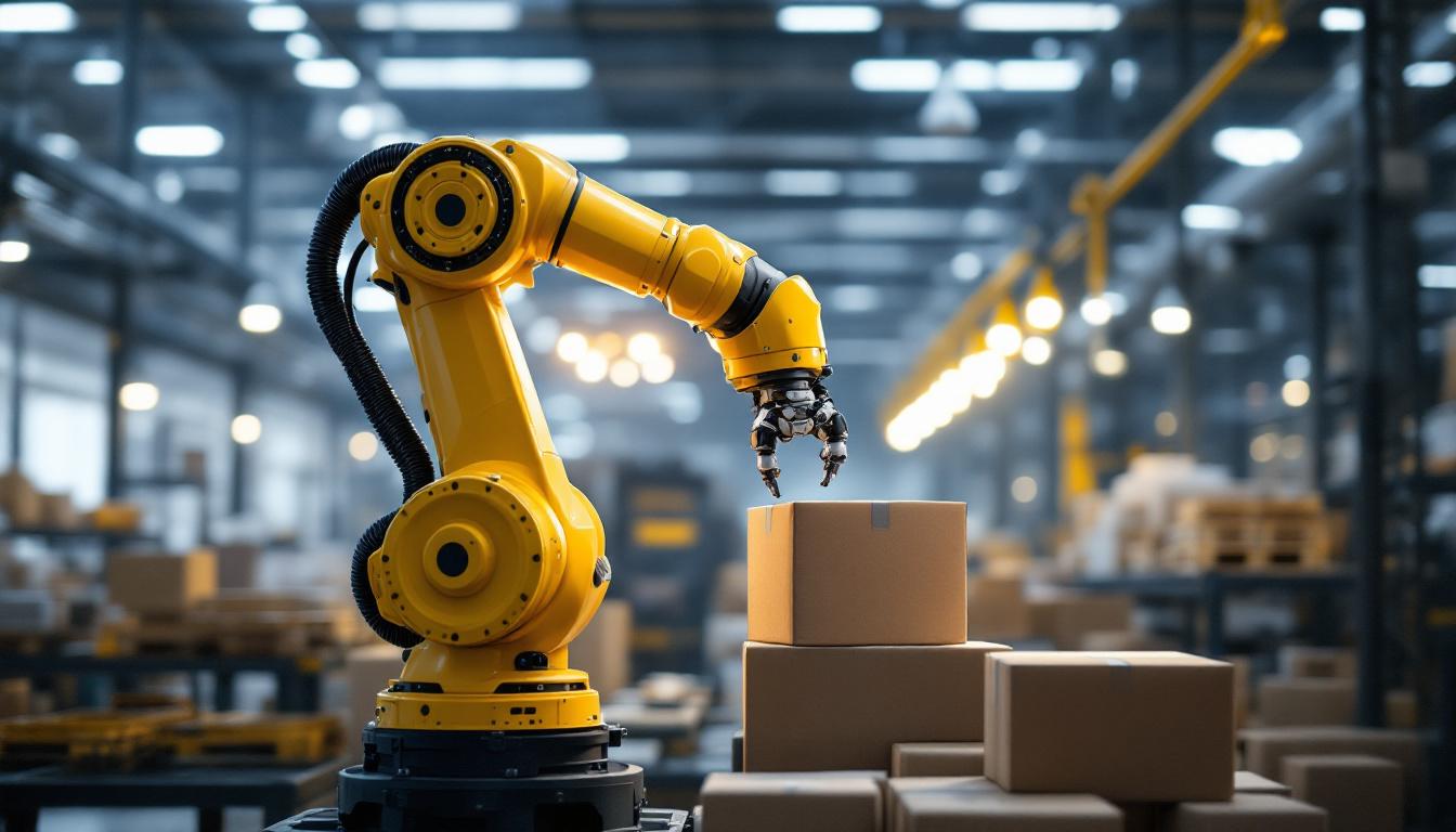 A photograph of a sleek industrial robotic arm in action within a modern warehouse environment