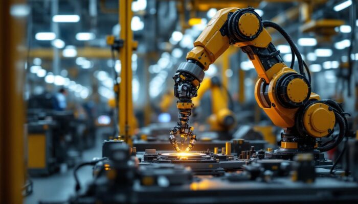 A photograph of a dynamic industrial robotics environment