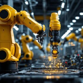 A photograph of a sleek industrial robotic arm in action within a high-tech manufacturing environment
