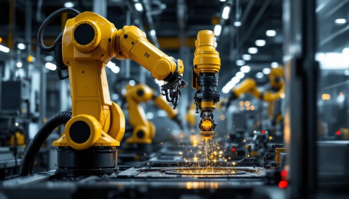 A photograph of a sleek industrial robotic arm in action within a high-tech manufacturing environment