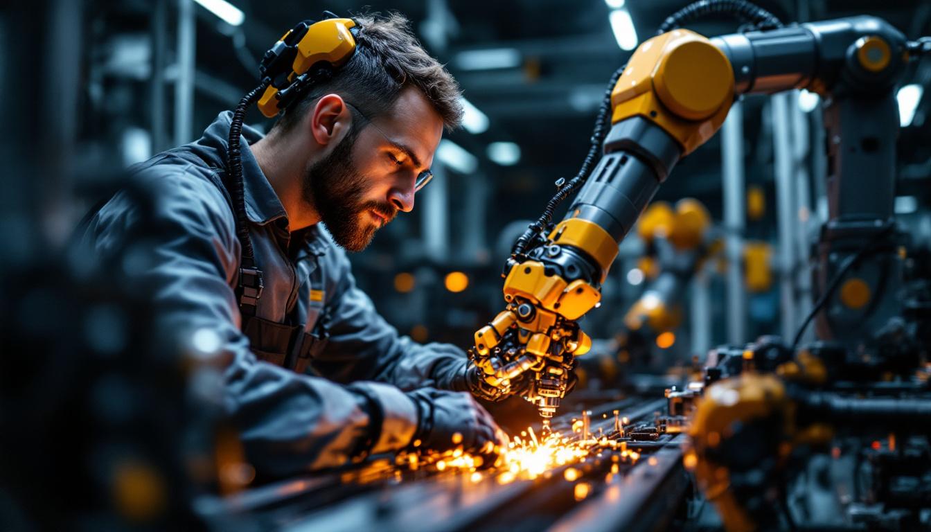 A photograph of a skilled technician working on an industrial robotic arm in a modern manufacturing facility