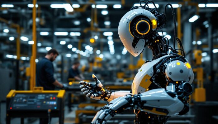 A photograph of a modern industrial robot in action within a manufacturing setting