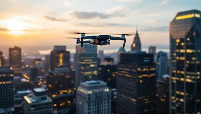 A photograph of a boston skyline with a drone in flight