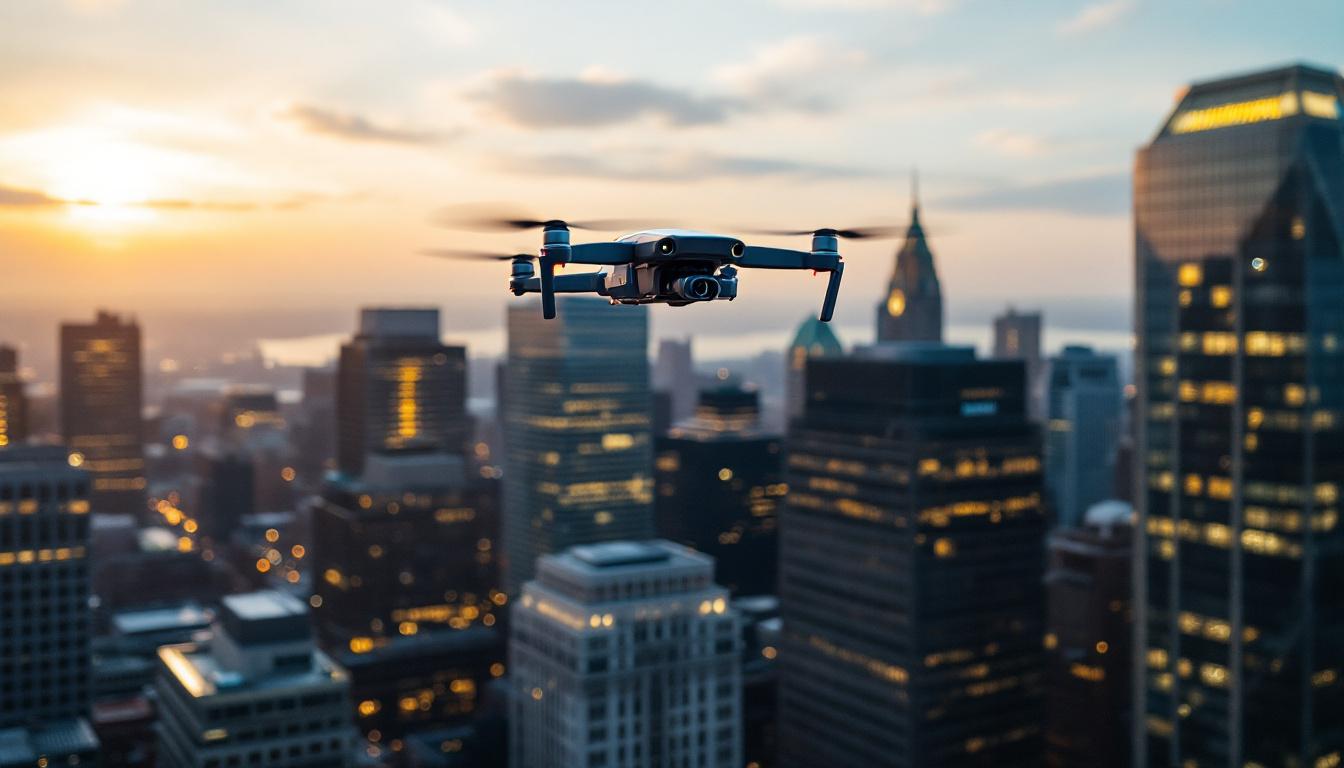 A photograph of a boston skyline with a drone in flight