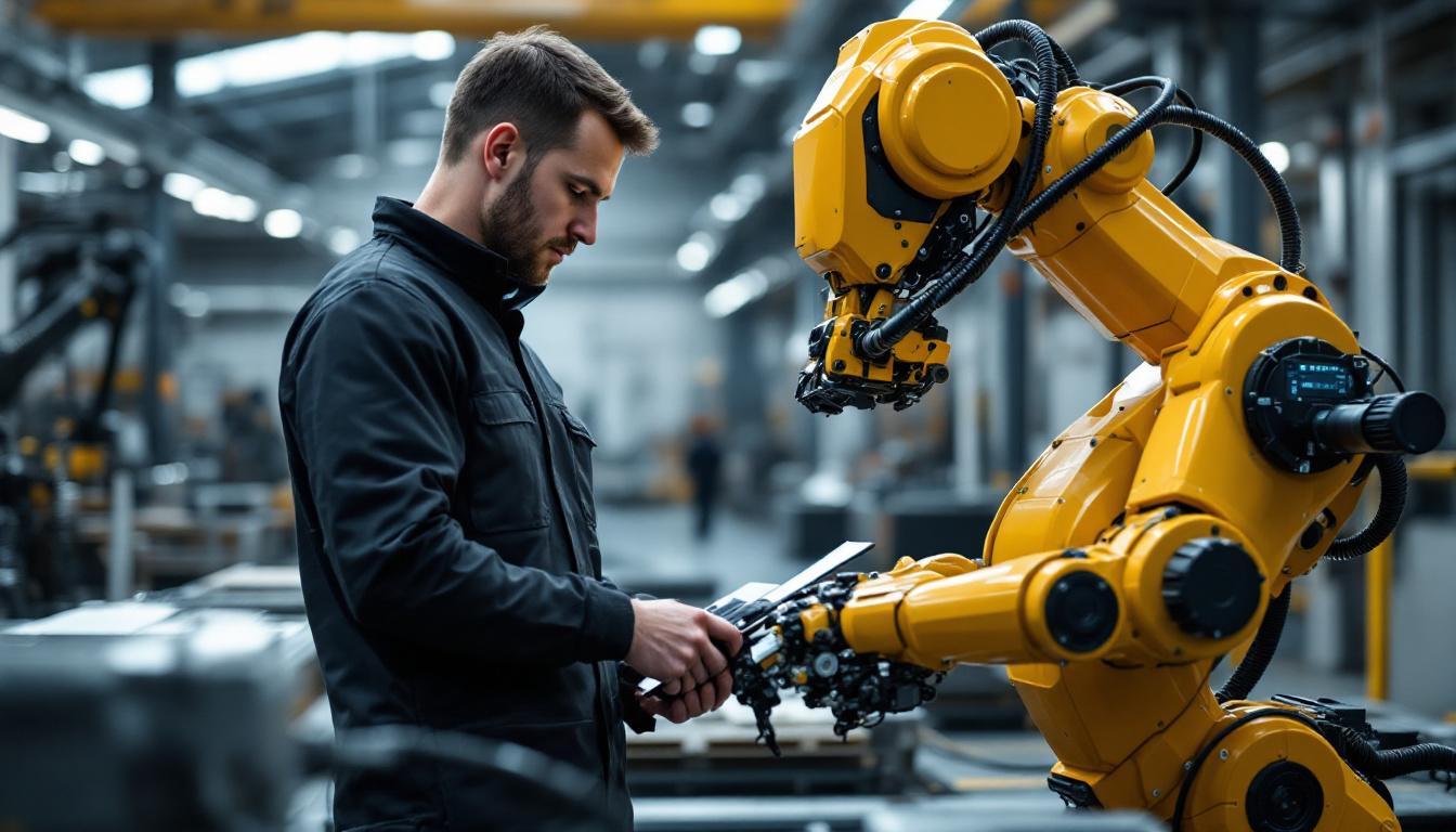A photograph of a skilled technician working alongside an industrial robot in a modern warehouse setting