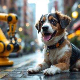 A photograph of a friendly dog being cared for in a vibrant boston urban setting