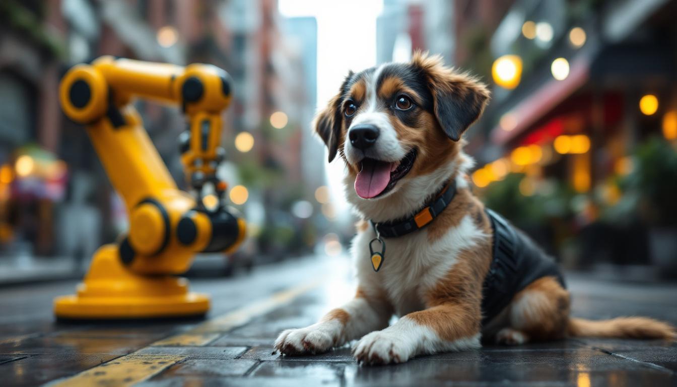 A photograph of a friendly dog being cared for in a vibrant boston urban setting