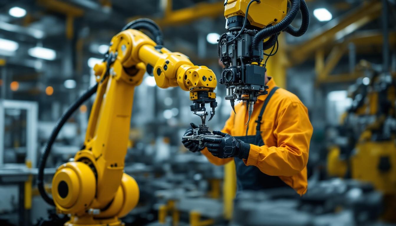 A photograph of a skilled technician performing maintenance on an industrial robotic arm in a factory setting