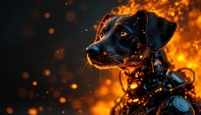 A photograph of a playful dog with a fiery