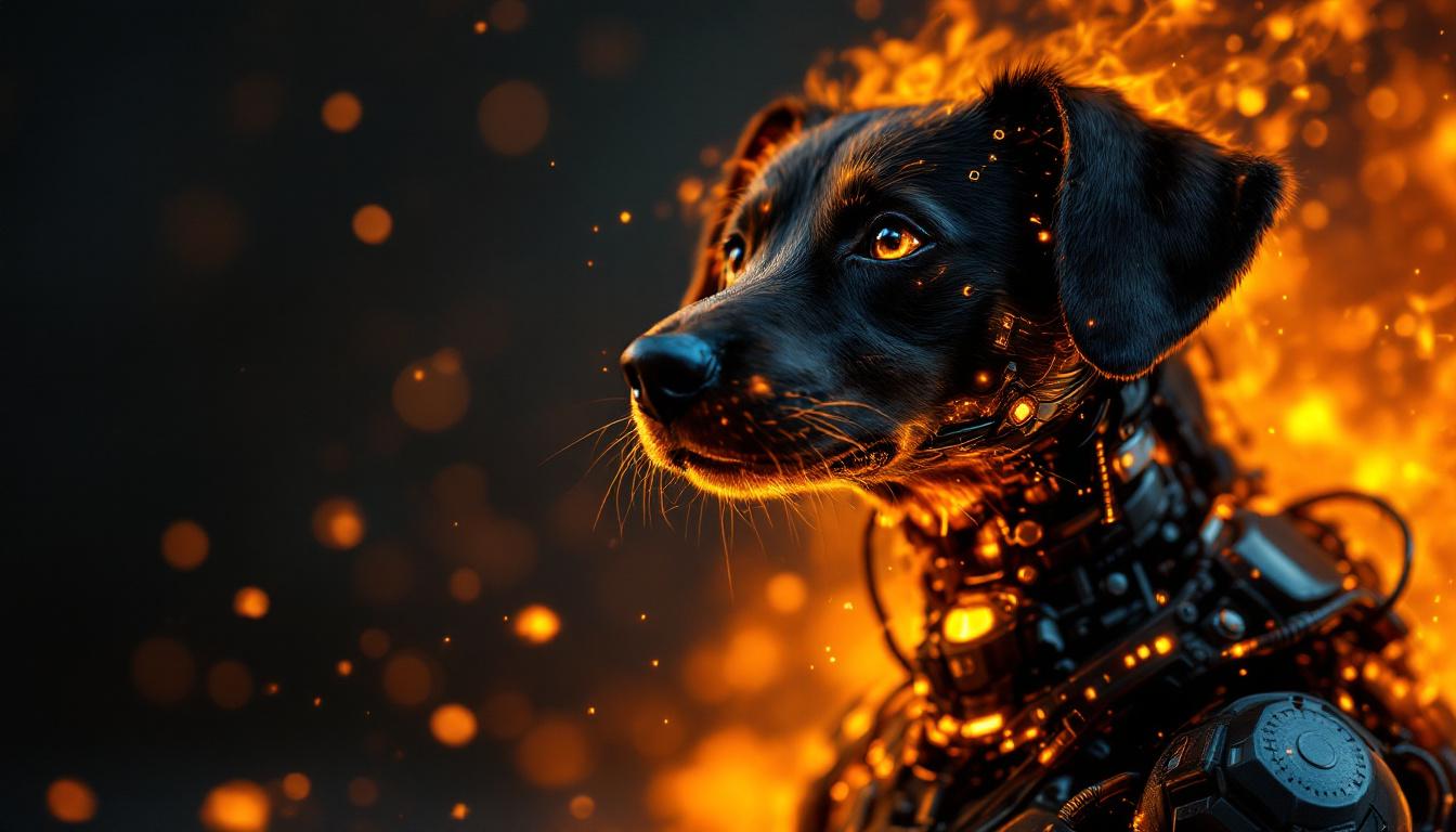 A photograph of a playful dog with a fiery