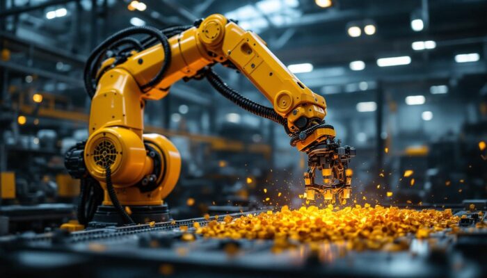 A photograph of a sleek industrial robotic arm in action