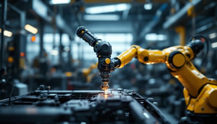 A photograph of a sleek industrial robotic arm in action