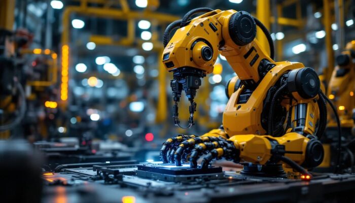 A photograph of capture a photograph of a sleek industrial robot in action at global foundries austin