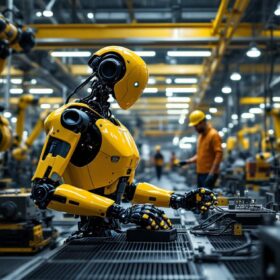 A photograph of a dynamic industrial robotics environment