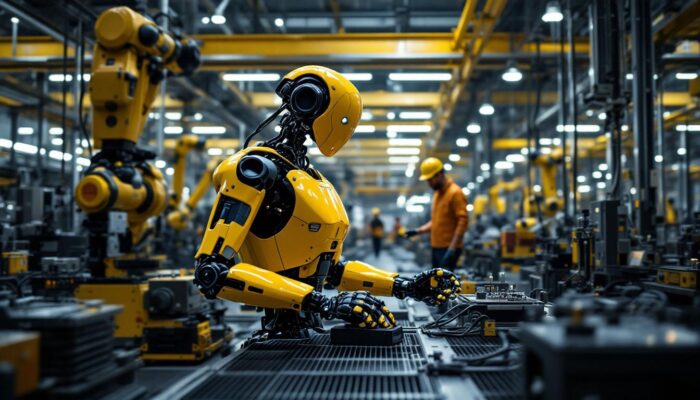 A photograph of a dynamic industrial robotics environment