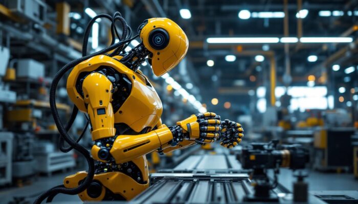 A photograph of a modern industrial robot in action within a manufacturing facility
