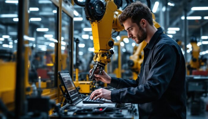 A photograph of a skilled technician programming or operating an industrial robot in a modern manufacturing setting